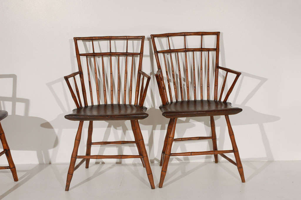 American Rare & Early Set Of  19thc Bamboo Turned N.e. Windsor Arm Chairs