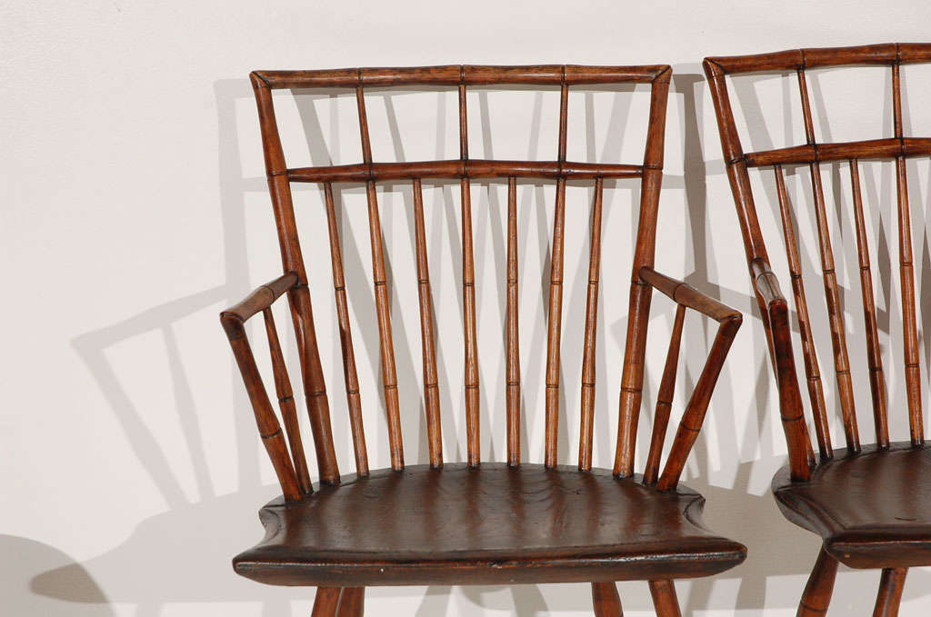 19th Century Rare & Early Set Of  19thc Bamboo Turned N.e. Windsor Arm Chairs