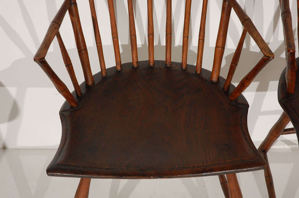 Pine Rare & Early Set Of  19thc Bamboo Turned N.e. Windsor Arm Chairs