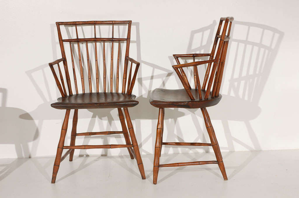 Rare & Early Set Of  19thc Bamboo Turned N.e. Windsor Arm Chairs 2