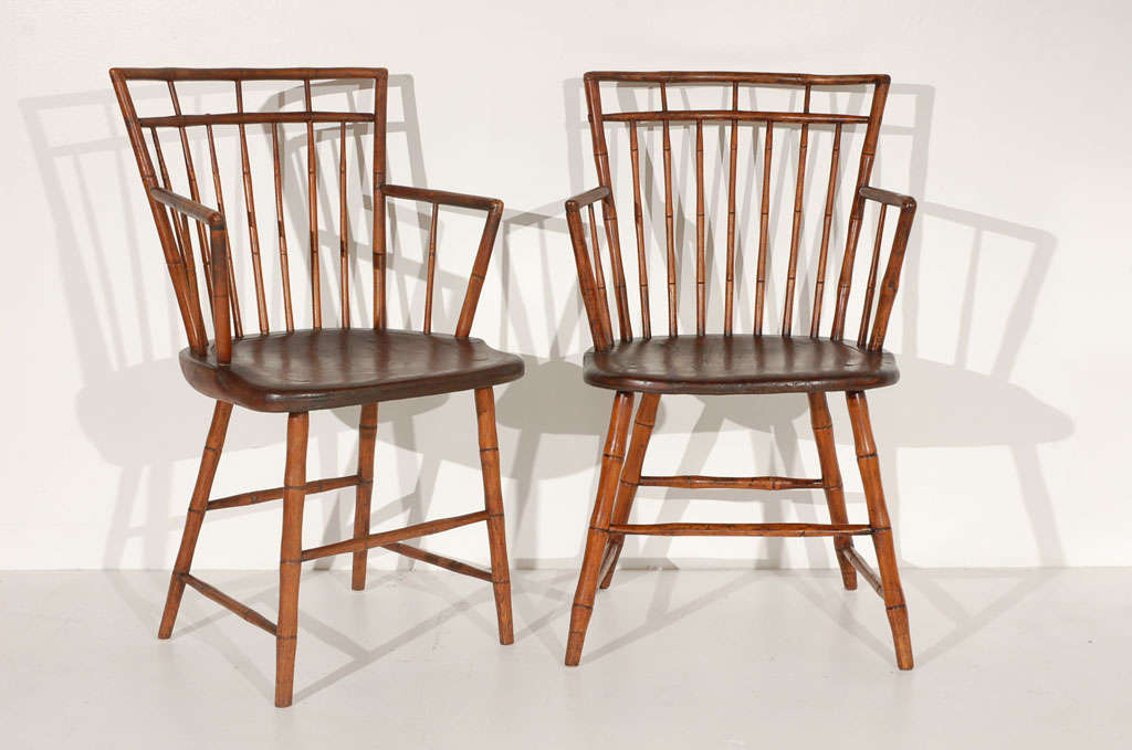 Rare & Early Set Of  19thc Bamboo Turned N.e. Windsor Arm Chairs 3