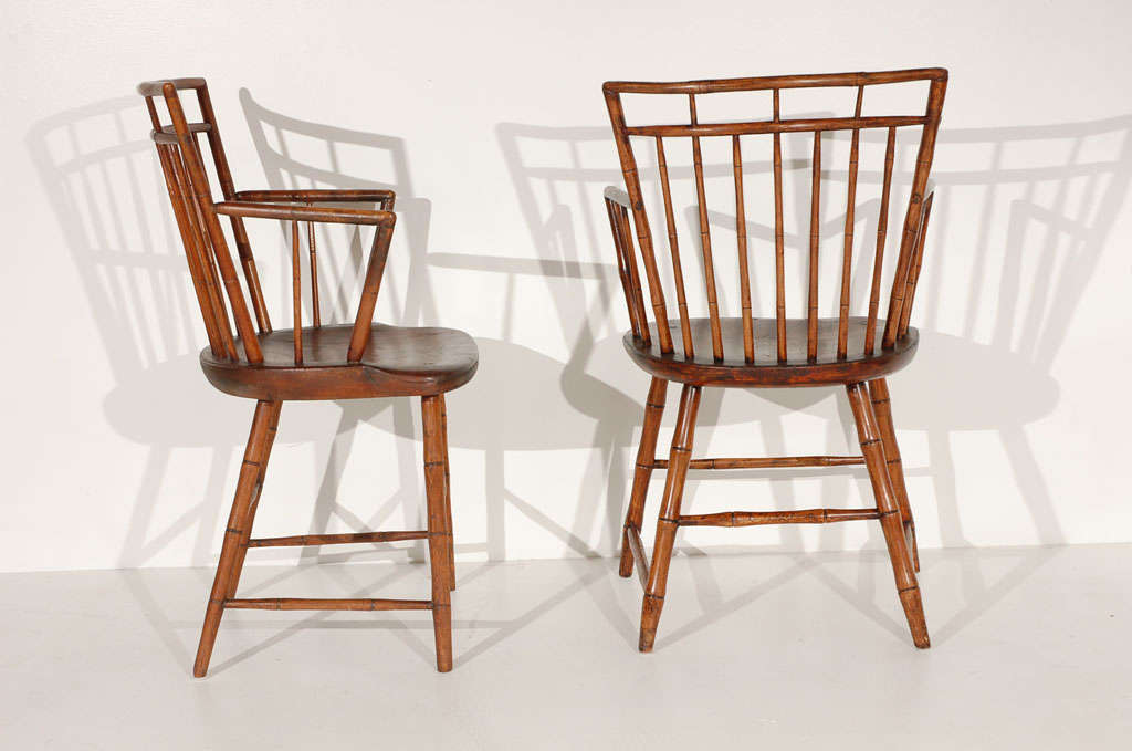Rare & Early Set Of  19thc Bamboo Turned N.e. Windsor Arm Chairs 5