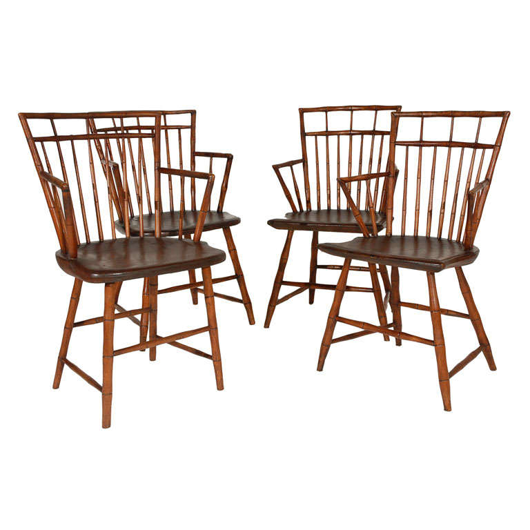 Rare & Early Set Of  19thc Bamboo Turned N.e. Windsor Arm Chairs