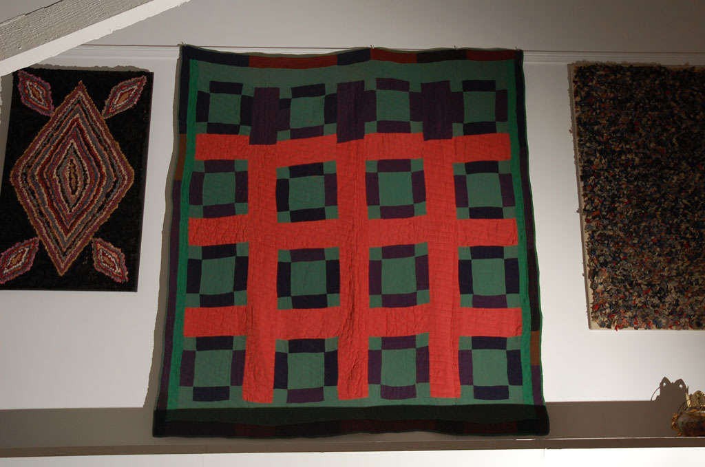 Folk Art Early 20th Century Amish Nine Patch Wool Quilt from Pennsylvania
