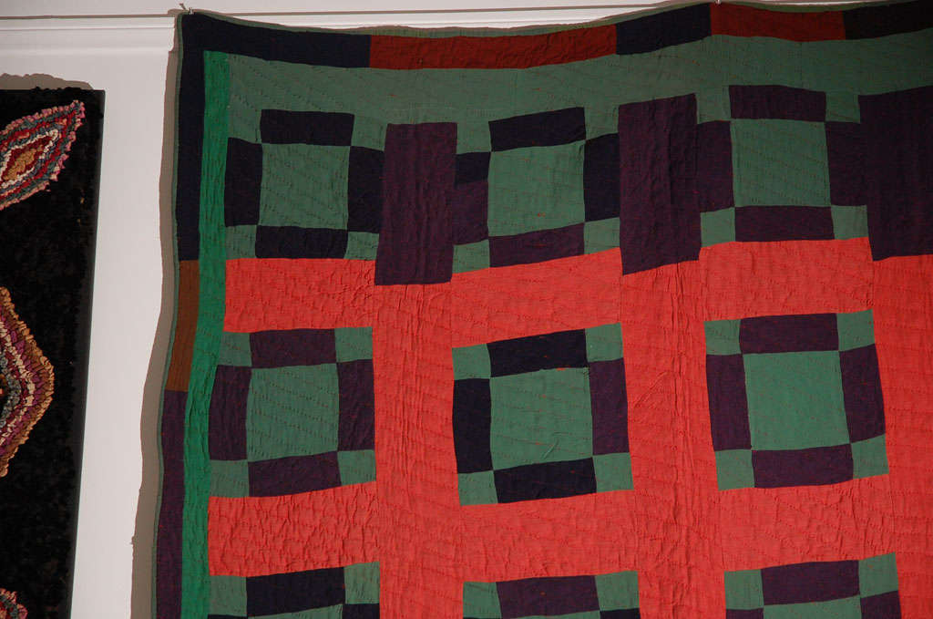 American Early 20th Century Amish Nine Patch Wool Quilt from Pennsylvania