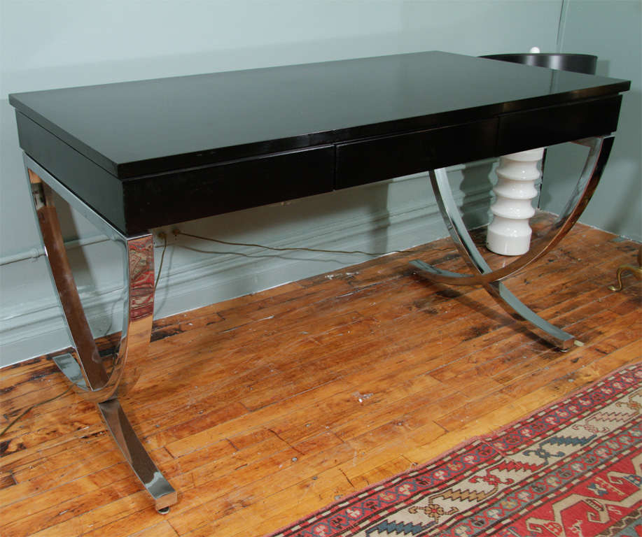 Mid Century Style Black Writing Desk With Curved Chrome X Base At