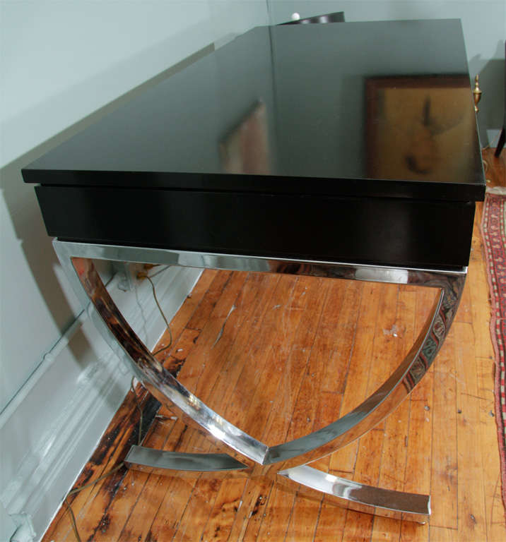 American Mid Century Style Black Writing Desk with Curved  Chrome X-Base