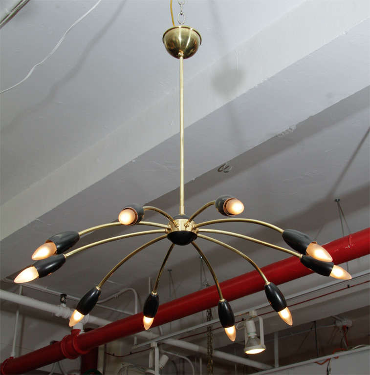 Mid-Century 10-arm Stilnovo style spider chandelier features brass arms and black enameled pod style sockets.  The chandelier can take either torpedo shape or round bulbs. Height can be adjusted by adjusting length of rod. Wired for 120 volts.
