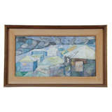 Demuer Pastel of Primitive Village in Shades of Blue