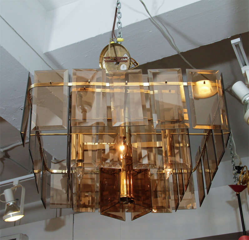 American Mid Century Amber Glass and Brass Chandelier
