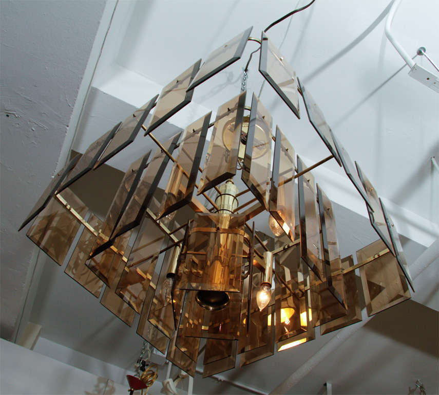 Mid Century Amber Glass and Brass Chandelier 1