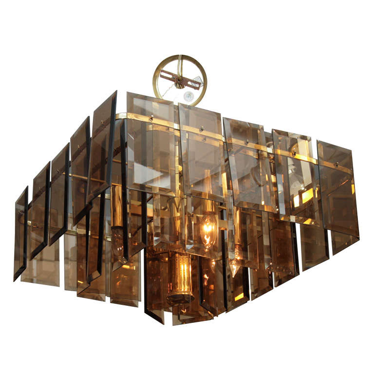 Mid Century Amber Glass and Brass Chandelier
