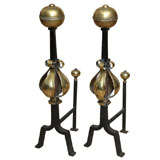 Pair of Scottish Arts and Crafts Brass and Iron Andirons