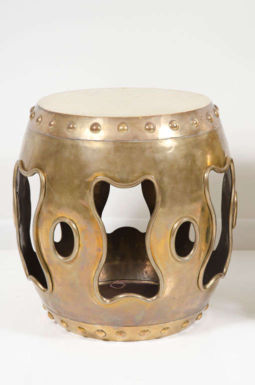 Hong Kong Pair of Chinese Brass Drum Garden Tabourets