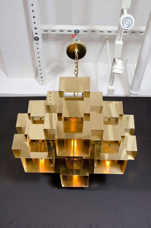 American Polished Brass Cubist Chandelier by Curtis Jeré, Signed For Sale 4
