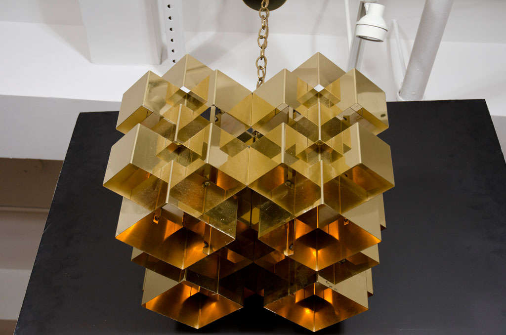 Mid-Century Modern American Polished Brass Cubist Chandelier by Curtis Jeré, Signed For Sale