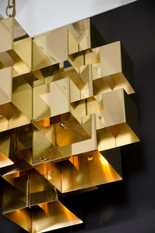 Late 20th Century American Polished Brass Cubist Chandelier by Curtis Jeré, Signed For Sale