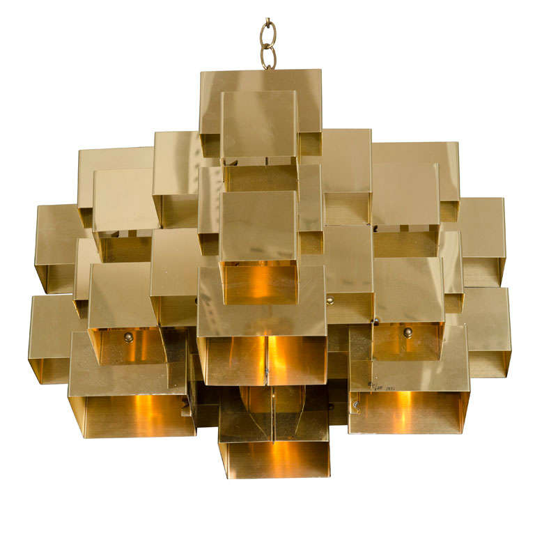 Polished Brass Cubist Chandelier by Curtis Jere, Signed