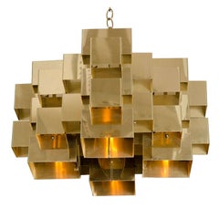 American Polished Brass Cubist Chandelier by Curtis Jeré, Signed