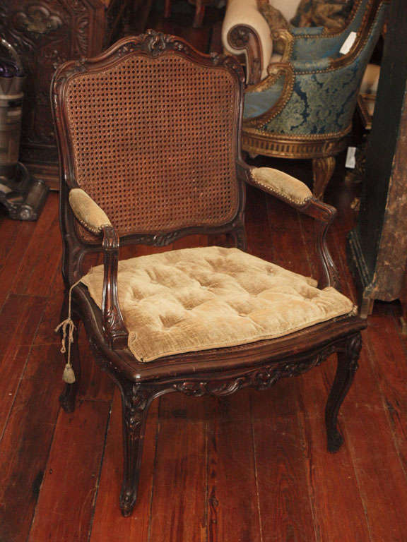 French Louis XV style cane back and seat armchairs. Very large size and cane in perfect condition.