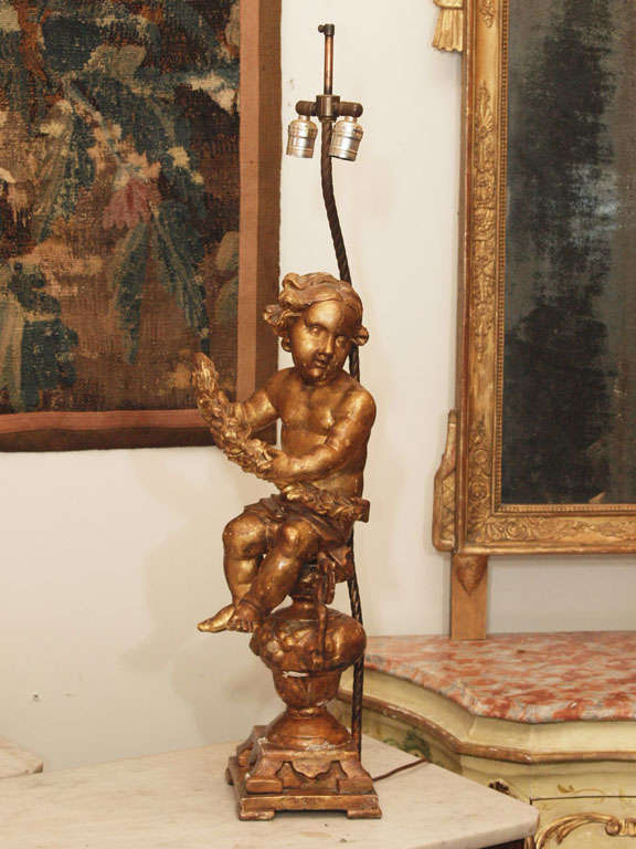 Italian Giltwood Lamp With Putti Sitting On Urn