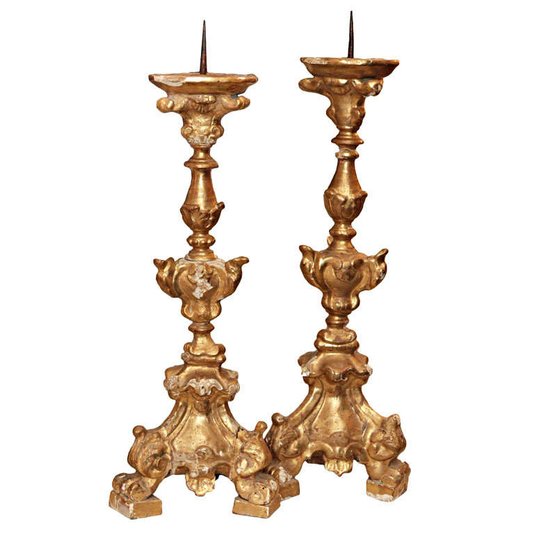 Pair Of Early 17th Century Gilt Pricket Sticks For Sale