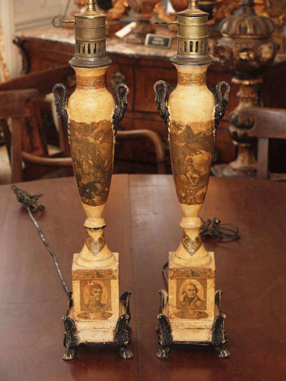 Pair of Period Napoleonic Argand gas tole lamps with decopage decoration