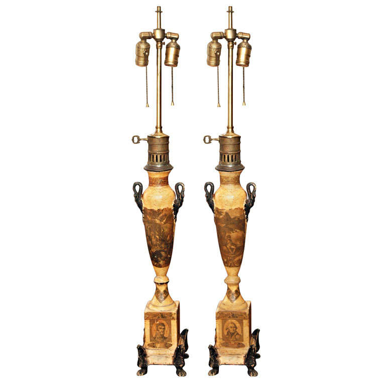 Pair Of Period Empire Tole Argand Lamps For Sale