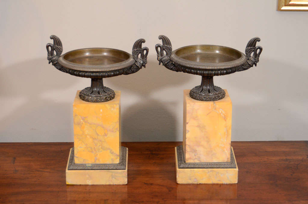Pair of early 19th century bronze tazzas on sienna marble stands. With swan-shaped handles.
