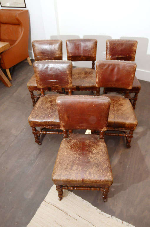English Set of Six Antique Leather Chairs, England, 19th Century For Sale
