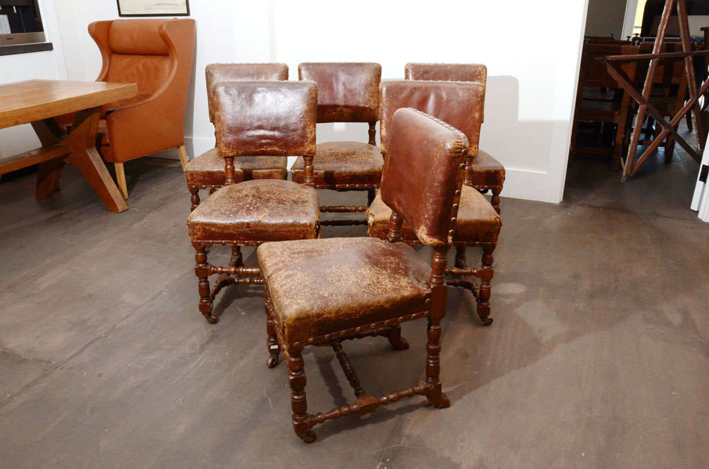 Brass Set of Six Antique Leather Chairs, England, 19th Century For Sale