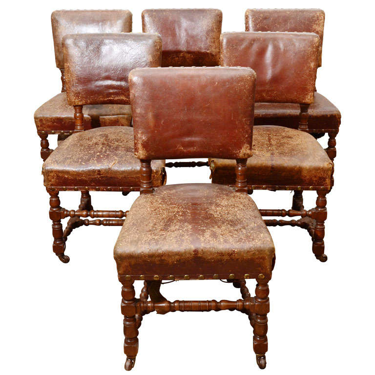 Set of Six Antique Leather Chairs, England, 19th Century
