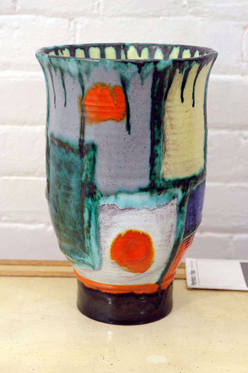 Striking decorative ceramic vase by Goldschneider.<br />
Signed.