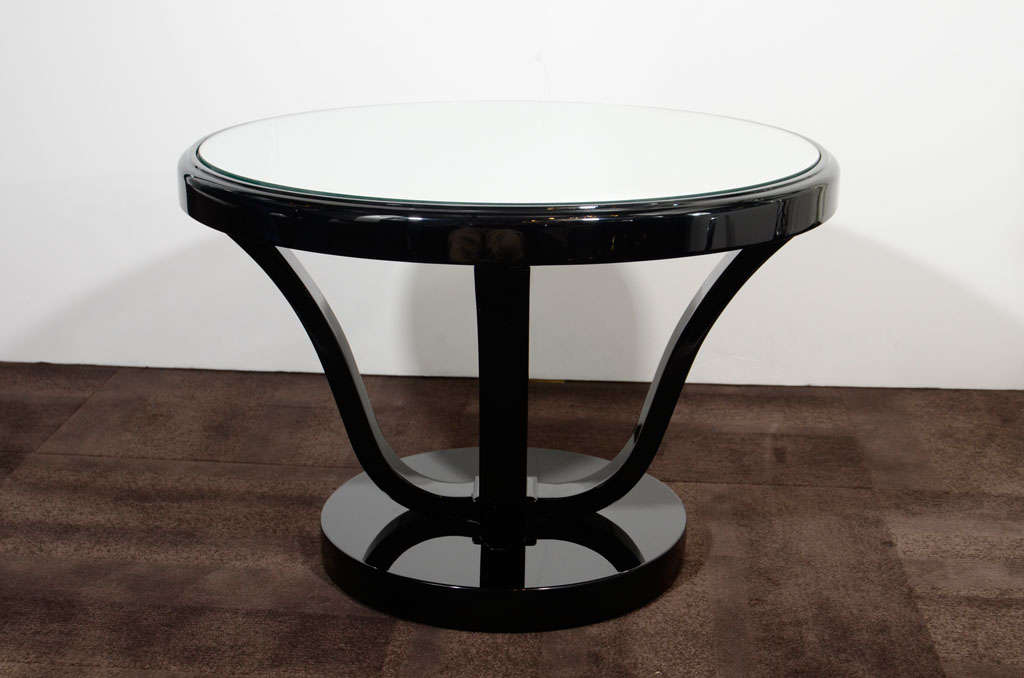 Art Deco Mirrored and Black Lacquered Gueridon Side Table 3