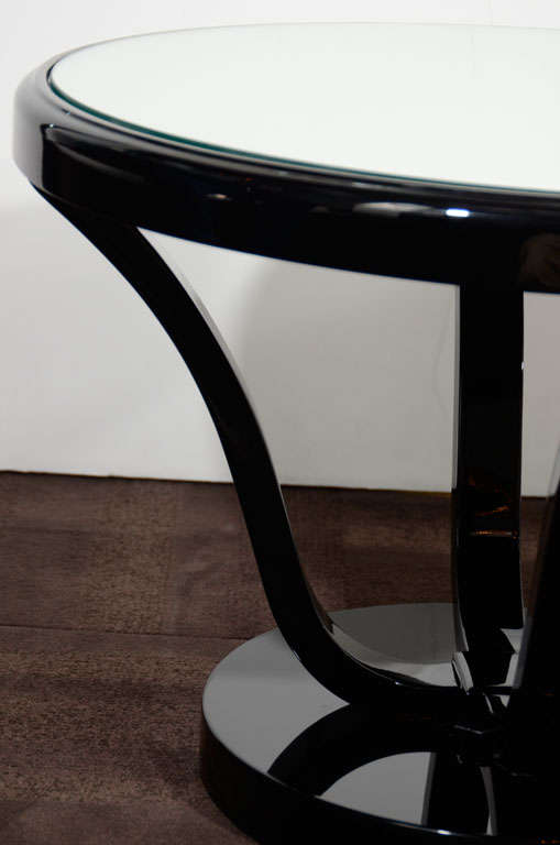 French Art Deco Mirrored and Black Lacquered Gueridon Side Table