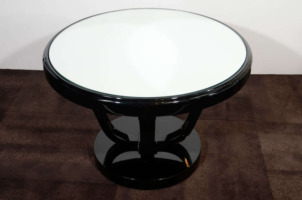 20th Century Art Deco Mirrored and Black Lacquered Gueridon Side Table