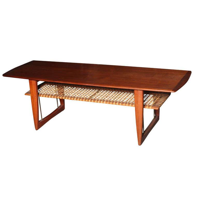 Teak Coffee Table with Cane Shelf