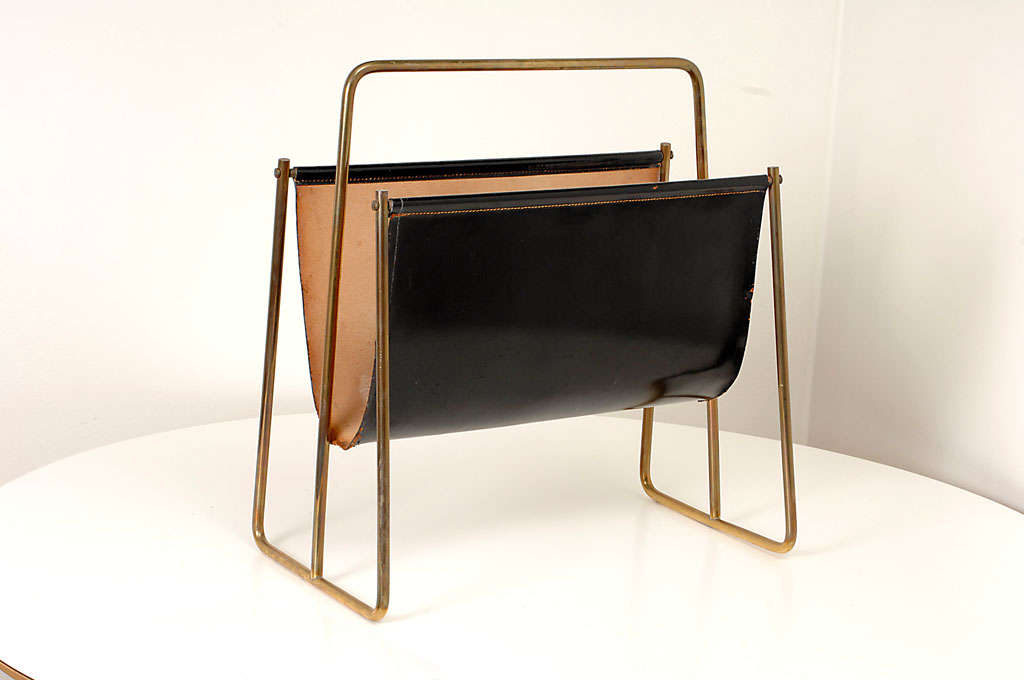 1950's Carl Aubock leather sling and brass large magazine rack 3