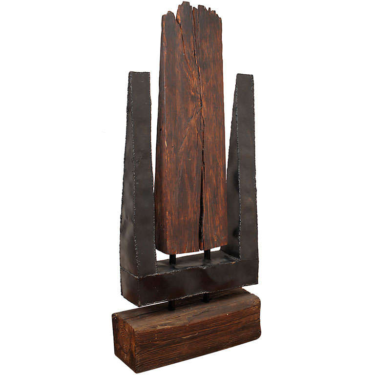 Early 70s LARGE Wood & Steel Brutalist Sculpture by Cliff Page For Sale