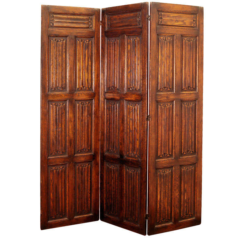 Early 20th C. Drapery Motif Tri-fold Oak Screen