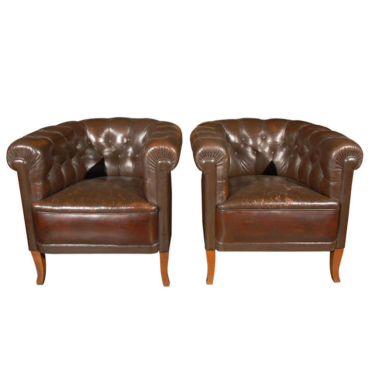 Pair of Swedish Chesterfield Chairs, Circa 1920