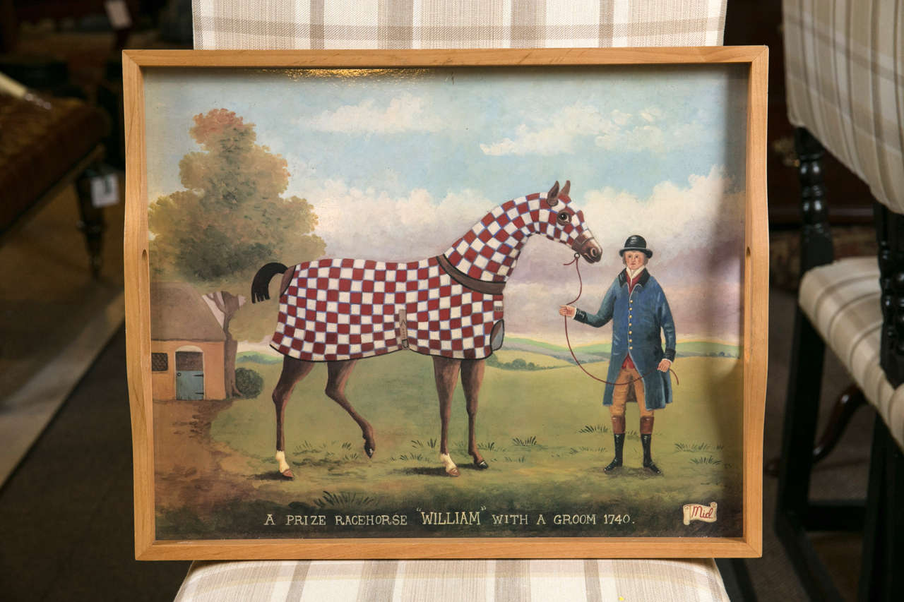 Two handled painted wooden tray with whimsical design