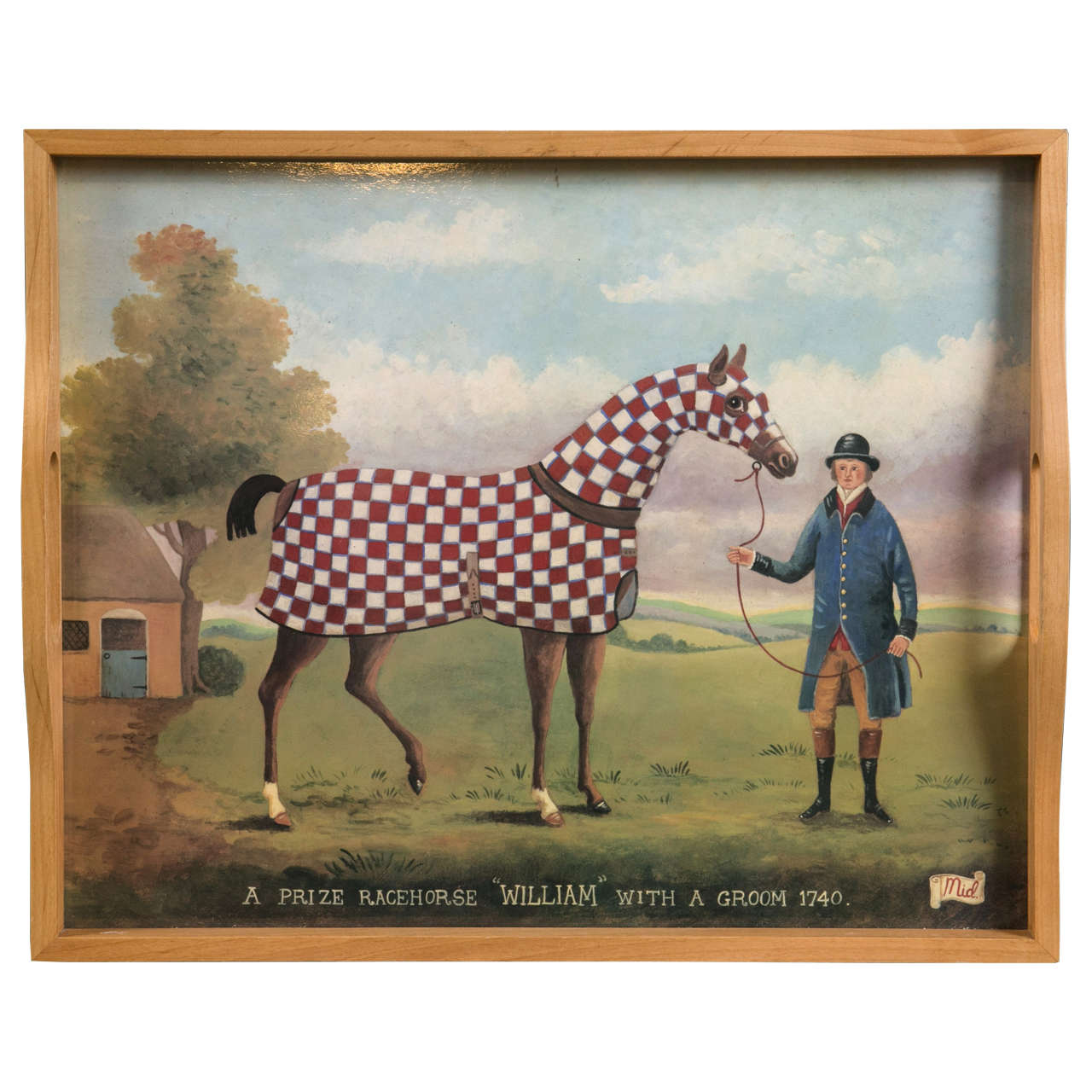 Two handled painted wooden tray with whimsical design For Sale