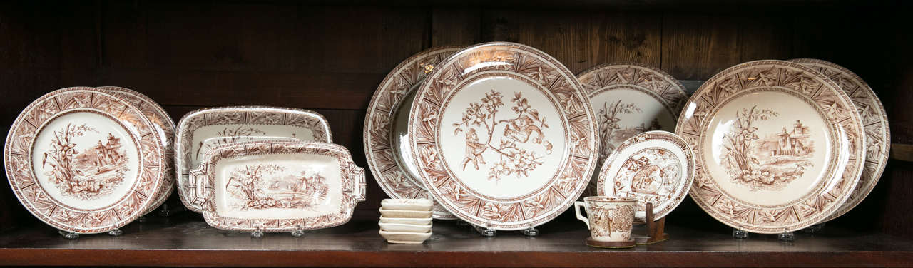 A large collection of English, brown transfer ware, 19th Century
3 round plates 9.50 inches
5 round plates 7.50 inches 
1 square 9x6.50 inches
1 square 9x4.75 inches 
2 round 10 inches plates 
