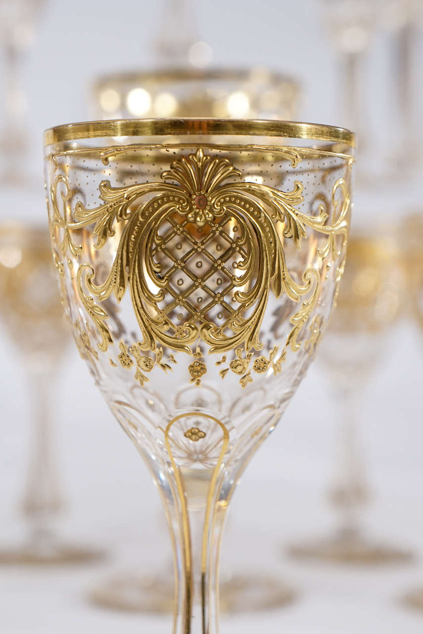 Austrian Exquisite Moser Handblown Crystal, Raised Paste Gold Stemware Service