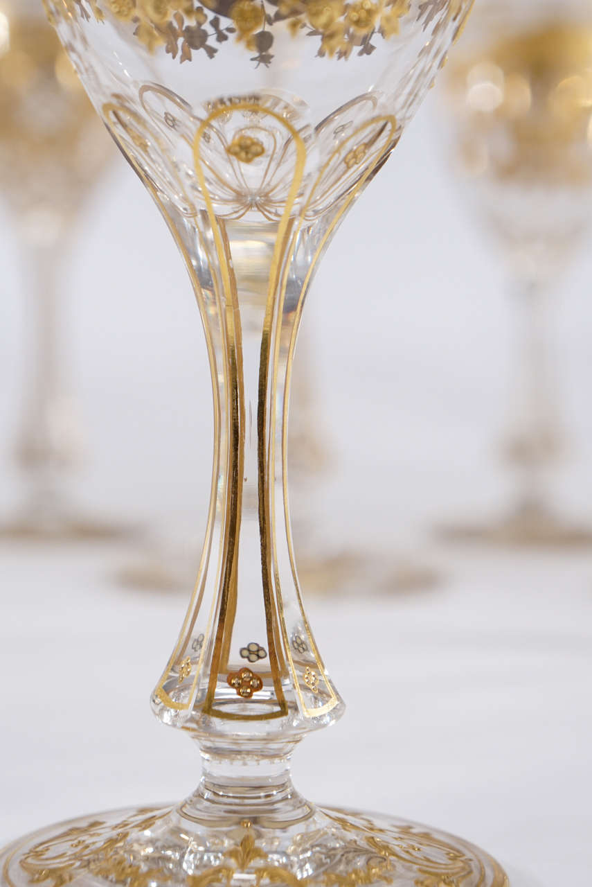 Exquisite Moser Handblown Crystal, Raised Paste Gold Stemware Service In Excellent Condition In Great Barrington, MA