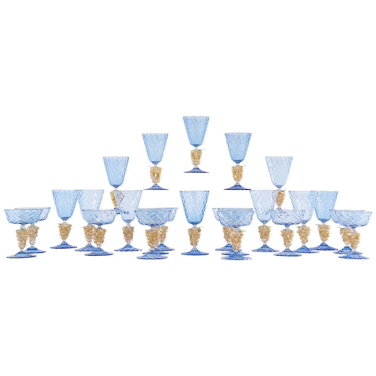 24 Pc Barovier Hand Blown Venetian "French Blue" Stemware Service for 12 For Sale