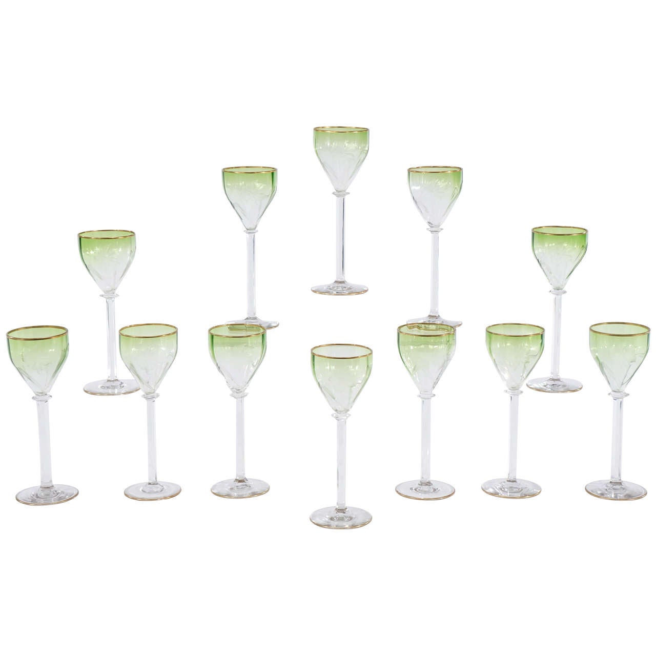 Set of 12 Moser Intaglio Cut Art Nouveau Green Shaded to Clear Wine Goblets For Sale