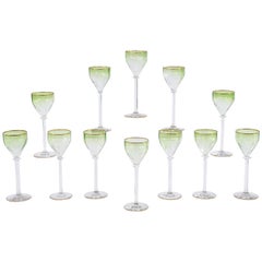 Set of 12 Moser Intaglio Cut Art Nouveau Green Shaded to Clear Wine Goblets