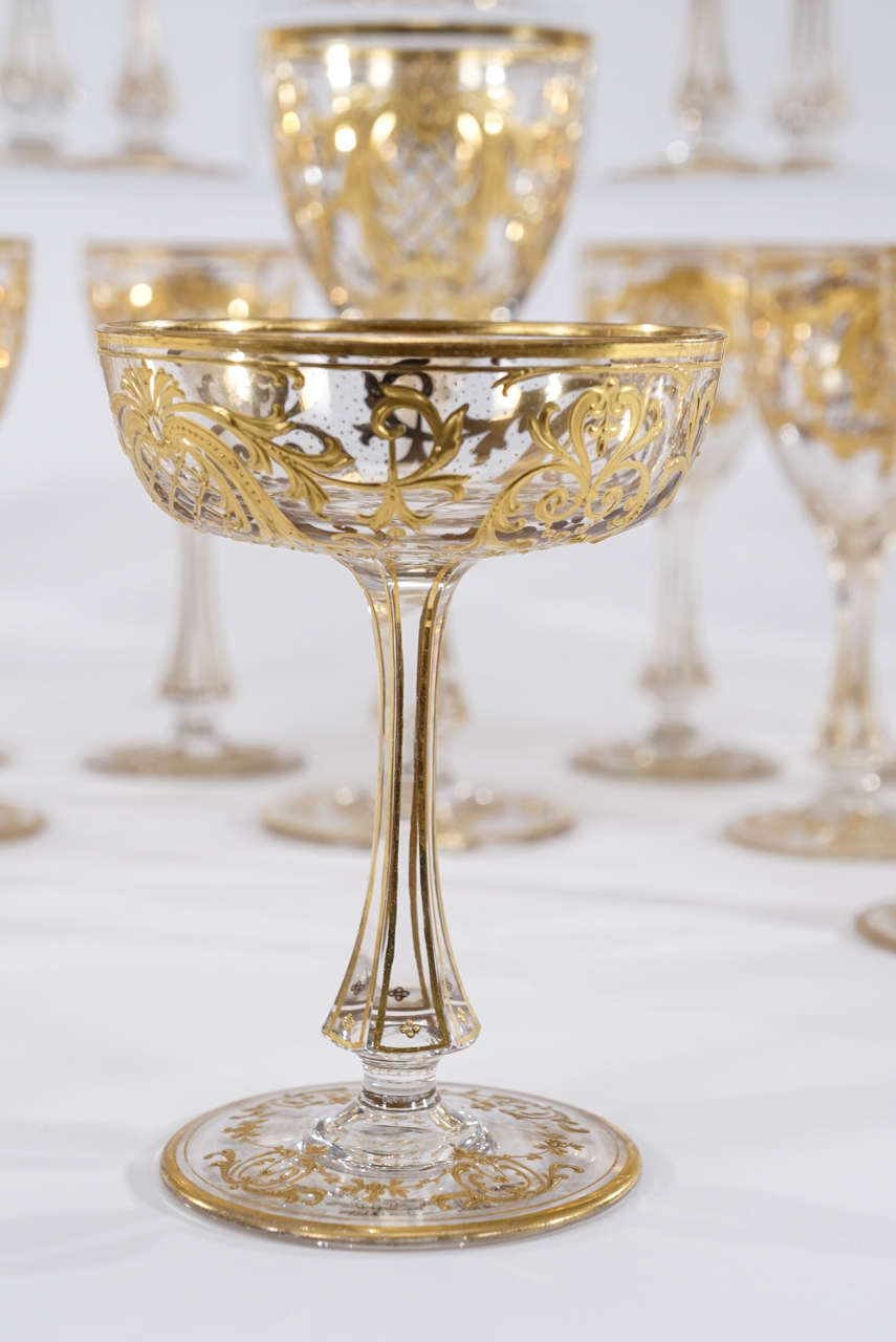 Exquisite Moser Handblown Crystal, Raised Paste Gold Stemware Service at 1stDibs